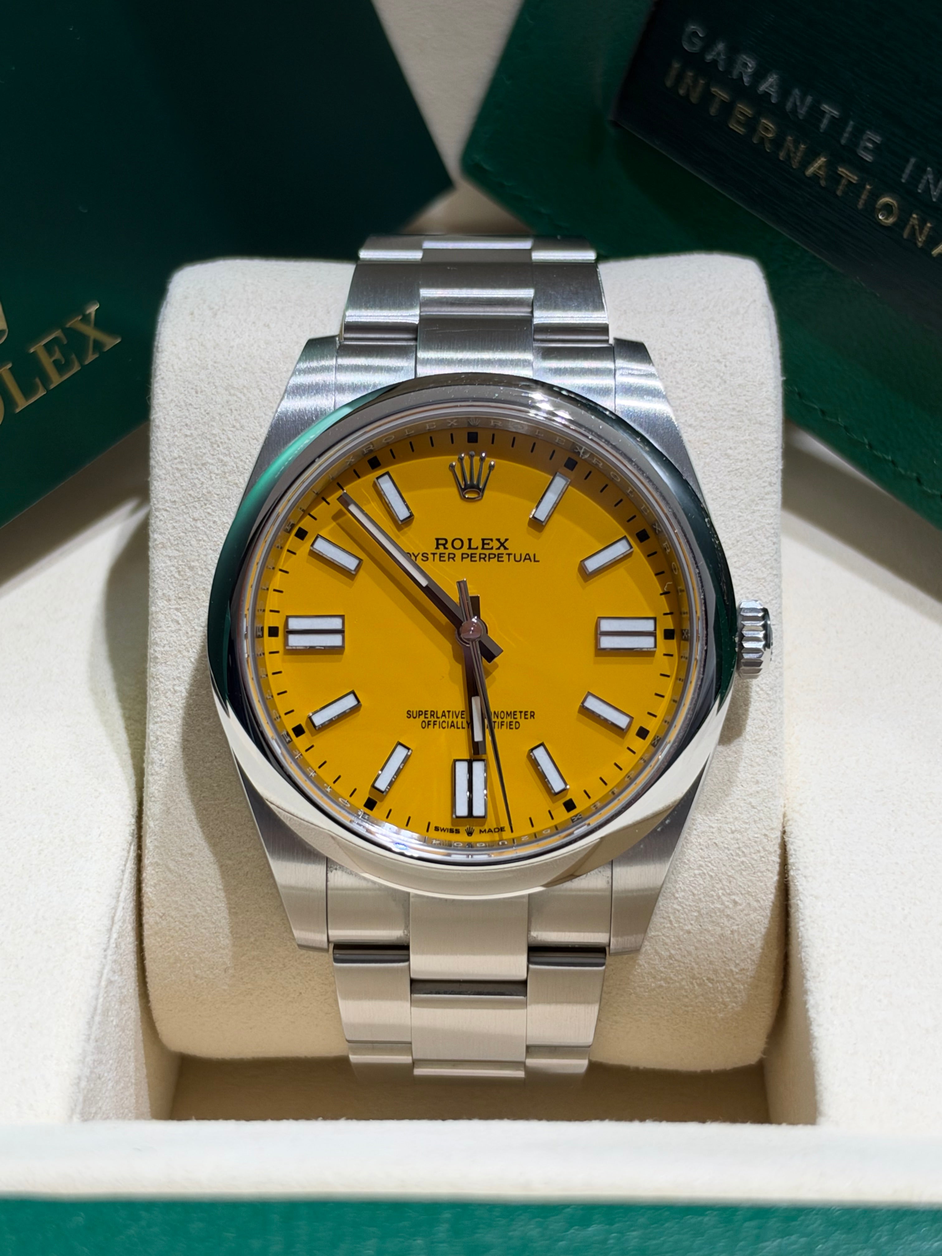 Rolex Oyster Perpetual 41mm Stainless Steel 124300 “Yellow Lacquer” (2021)